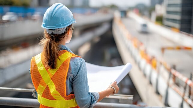 A female engineer in a helmet and safety vest stands on a construction site, holding blueprints and overseeing the progress of an overpass project.
