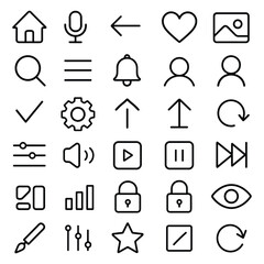 Fototapeta premium Versatile Vector Icon Set for UI/UX Design: Streamlined Symbols for Modern Interfaces, Comprehensive Pack of Essential Vector Icons for Apps, Websites, and Digital Projects