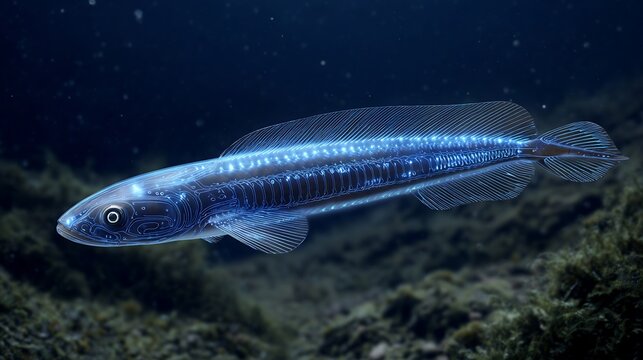 Transparent eel like bioluminescent fish deep trench zone body light emitting through muscle patterns high resolution concept of abyssal marine life