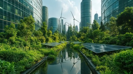 Futuristic green city with solar panels and wind turbines