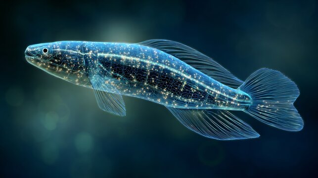 Transparent eel like bioluminescent fish deep trench zone body light emitting through muscle patterns high resolution concept of abyssal marine life