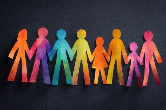 Colorful paper cut-out figures of diverse individuals holding hands against a dark background, symbolizing unity and togetherness, with ample space for text.