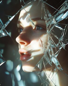 a woman emerging from shards of a broken mirror reflecting light
