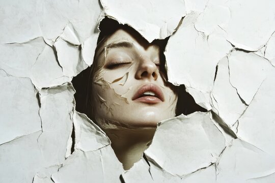 a woman emerging from torn paper edges into white void