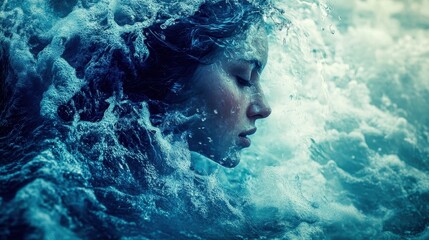 Fototapeta premium a woman flowing like liquid water merging into ocean waves