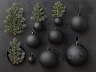 Fototapeta premium Elegant Black Christmas Ornaments with Fir Branches