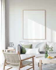 Minimalist Living Room Interior with White Sofa and Poster Frame Mockup 