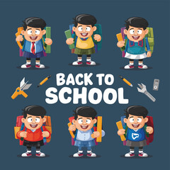 vector illustration for back to school event with cartoon character and kids with bag back
