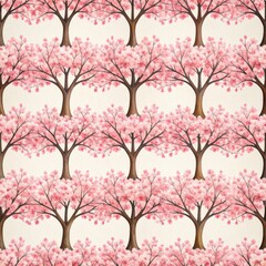 Obraz premium Seamless Pattern Featuring Pink Cherry Blossoms and Trees on Light Backdrop
