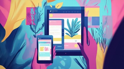 Hands holding phone and tablet showing websites amid abstract foliage