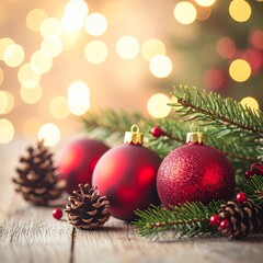 Obraz premium Festive Christmas Ornament Arrangement with Pinecones and Red Baubles on Wood