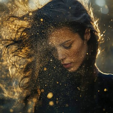 a woman metamorphosing into swirling particle dust in motion