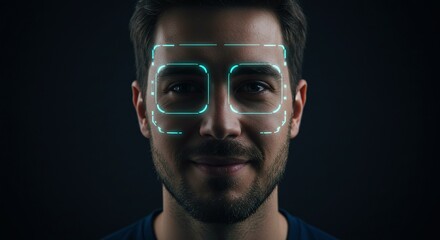 Young Man Facing Facial Recognition Technology with Digital Overlay in Dark Environment