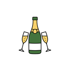 Green Champagne Bottle Icon Two Glasses Simple Design