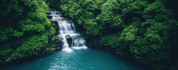 Waterfall cascades down rocks surrounded by lush green forest, flowing into a clear blue pool. Tranquil nature scene; forest and waterfall harmony