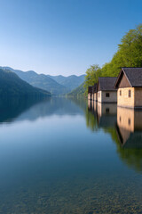 Fototapeta premium Row of wooden cabins stand by a serene lake with mountains 