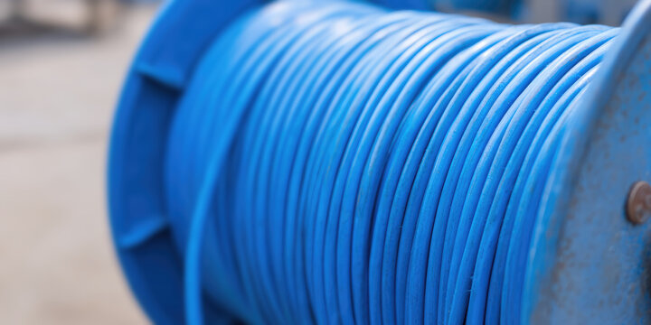 Blue cable wound around a large spool, positioned horizontally, fills the frame. Industrial equipment, utility infrastructure