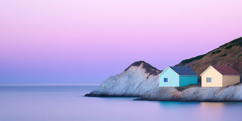 Coastal huts are perched on a rocky shoreline during a serene sunset. Tranquil seaside landscape