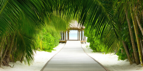 A wooden pathway leads through lush green palm trees to a hut by the beach. Tropical paradise, nature getaway
