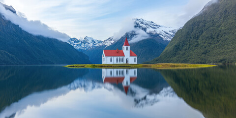 A small white church with a red roof is situated on an island in a calm lake surrounded by snowy mountains. Reflection, tranquility, serene landscape, nature