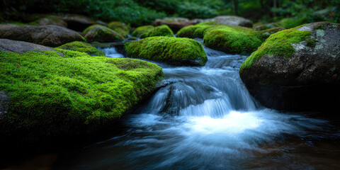 A stream flows over rocks covered in vibrant green moss in a lush forest setting. Nature, tranquility, serenity, forest, stream
