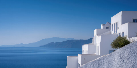 Obraz premium White buildings are perched on a hillside overlooking a tranquil sea and distant mountains. Coastal serenity, architecture, and nature