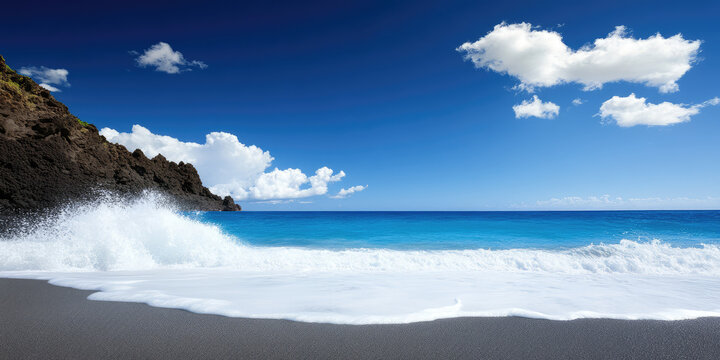 Waves crash onto a black sand beach with rocky cliffs to the side under a bright blue sky with a few clouds. Coastal landscape beauty