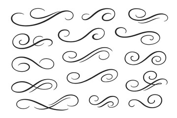 Elegant text tails swoosh vector set. Calligraphy swirls for logo design and decoration. Typography elements. Graphic design flourishes, scrolls and ornamental dividers.