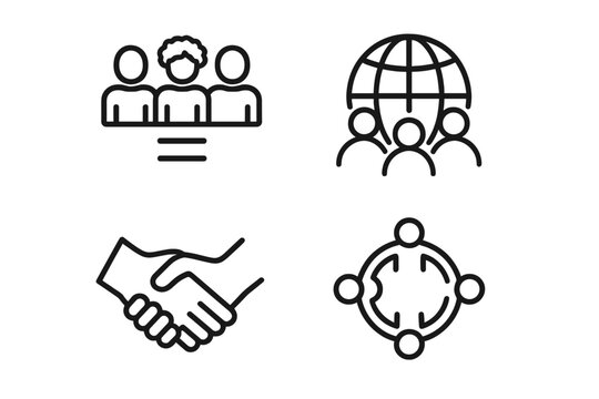 Diversity and inclusion icon set. Teamwork, equality, global community, and partnership symbols. Business ethics and corporate culture line icons. Vector for social unity.