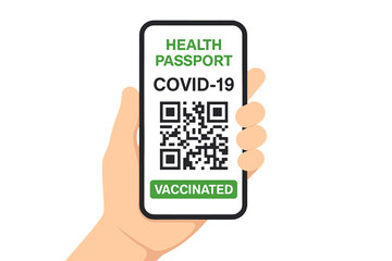Digital COVID-19 Health Passport with QR Code on Smartphone, Hand Holding Mobile Vaccination Certificate, Immunization Proof for Travel, Pandemic Safety, Vaccinated Status