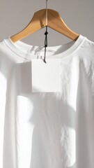 White T-Shirt Hanging on Wooden Hanger with Tag in Bright Indoor Setting