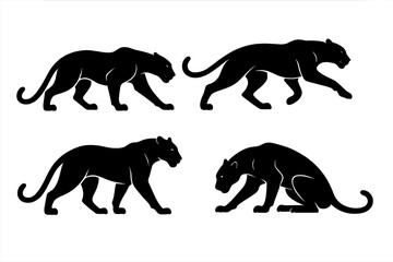 Black Panther Silhouette Vector Set, Dynamic Big Cat Poses, Elegant Movement, Strength, Grace, Wildlife Animal Illustration, Powerful Feline, Transparent Background