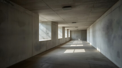 Concrete hallway with narrow windows and polished floor