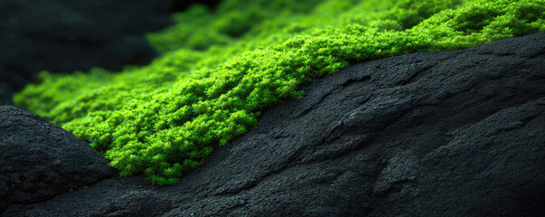Green moss covers a dark, rugged surface with visible texture. Nature, contrast, texture
