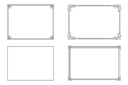 Set of 4 Rectangular Decorative Frames Vector. Elegant Borders for Invitations, Certificates, Posters. Ornamental Line Art, Classic and Modern Frame Designs, Isolated Outline Collection