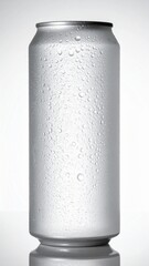 Studio Shot of a Silver Aluminum Can with Water Droplets on White Background