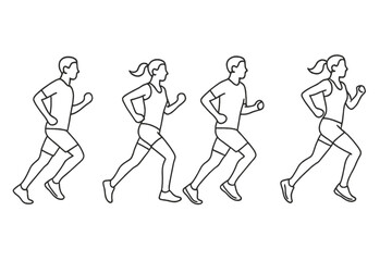 Minimalist Line Art Sequence of Runners, Athletic Jogging Figures, Male and Female Progression, Dynamic Running Motion, Fitness Outline Illustration, Sport Exercise Concept