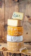 Tower of Gourmet Cheese Stacks on Rustic Wooden Board with Walnut Accent