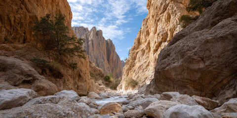 Rugged canyon landscape with rocky walls, sparse vegetation, and a clear blue sky. Natural beauty, serene landscape, outdoor adventure, scenic view