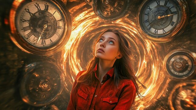 a woman trapped in a time warp vortex of melting clocks