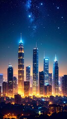 Vibrant Cityscape at Night with Illuminated Skyscrapers and Starry Sky