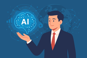 Businessman holding an AI brain. Artificial intelligence for business future. Concept of global network, data analysis, machine learning, and smart technology innovation.
