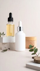 Two Cosmetic Bottles with Eucalyptus on Cement Blocks on Beige Background