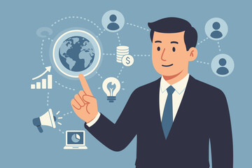 Global business concept with a businessman pointing at a network. Digital marketing, data exchange, finance, social media strategy, customer relations, innovation, and growth metaphor.