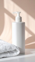 White Dispenser Bottle with Towel on Table Against Beige Wall with Shadows