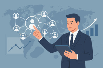 Businessman using tablet for global customer network analysis. Digital marketing strategy with sales data graphs showing growth. Business intelligence, data exchange concept.