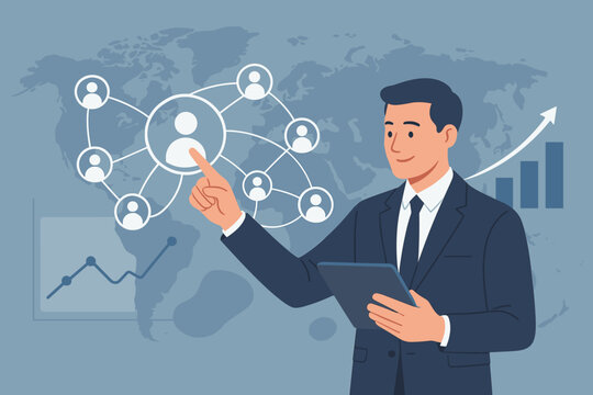 Businessman using tablet for global customer network analysis. Digital marketing strategy with sales data graphs showing growth. Business intelligence, data exchange concept.