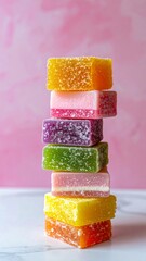 Stack of Multicolored Sugar Coated Cubes of Candy with Pink Background