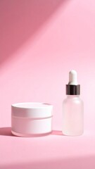 White Skincare Product Cream and Serum Bottles on Pink Backdrop with Shadows