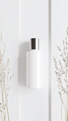 Isolated White Bottle with Silver Cap on White Background and Dried Grass